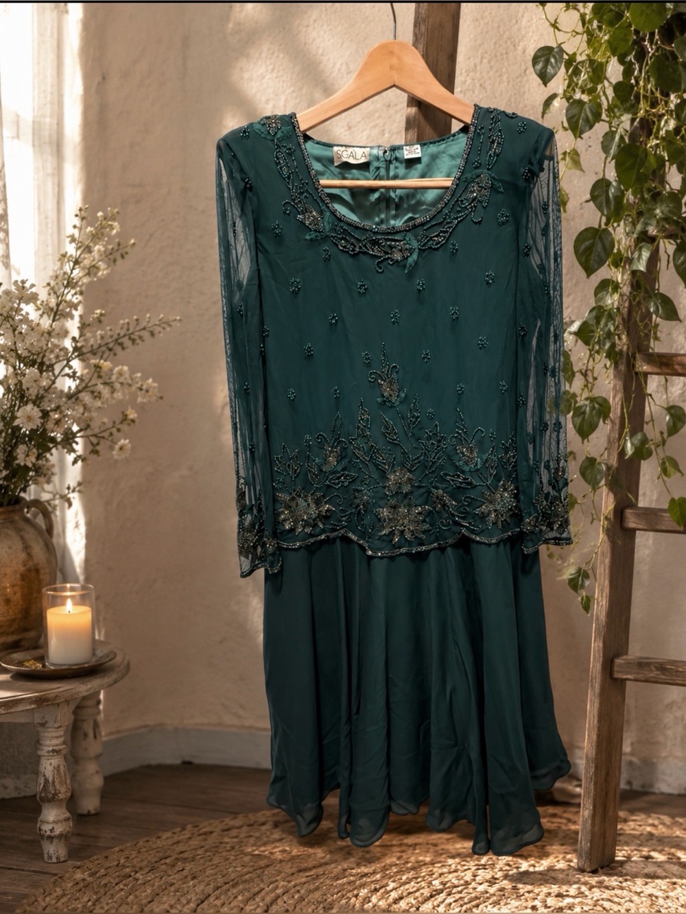 Scala Teal Long Sleeve Dress with beading size16
